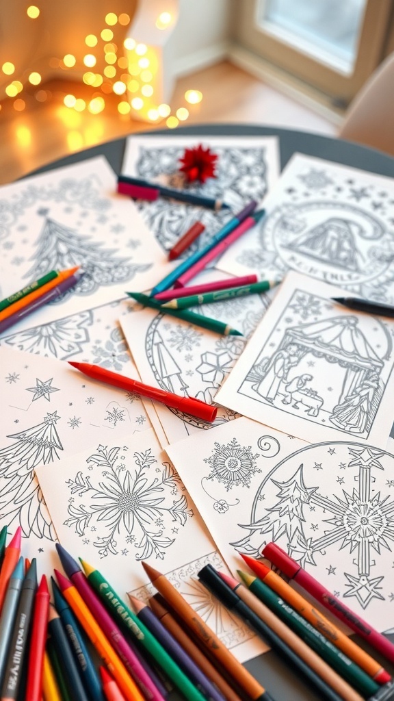 A variety of Christmas coloring pages with festive designs on a table with coloring supplies.
